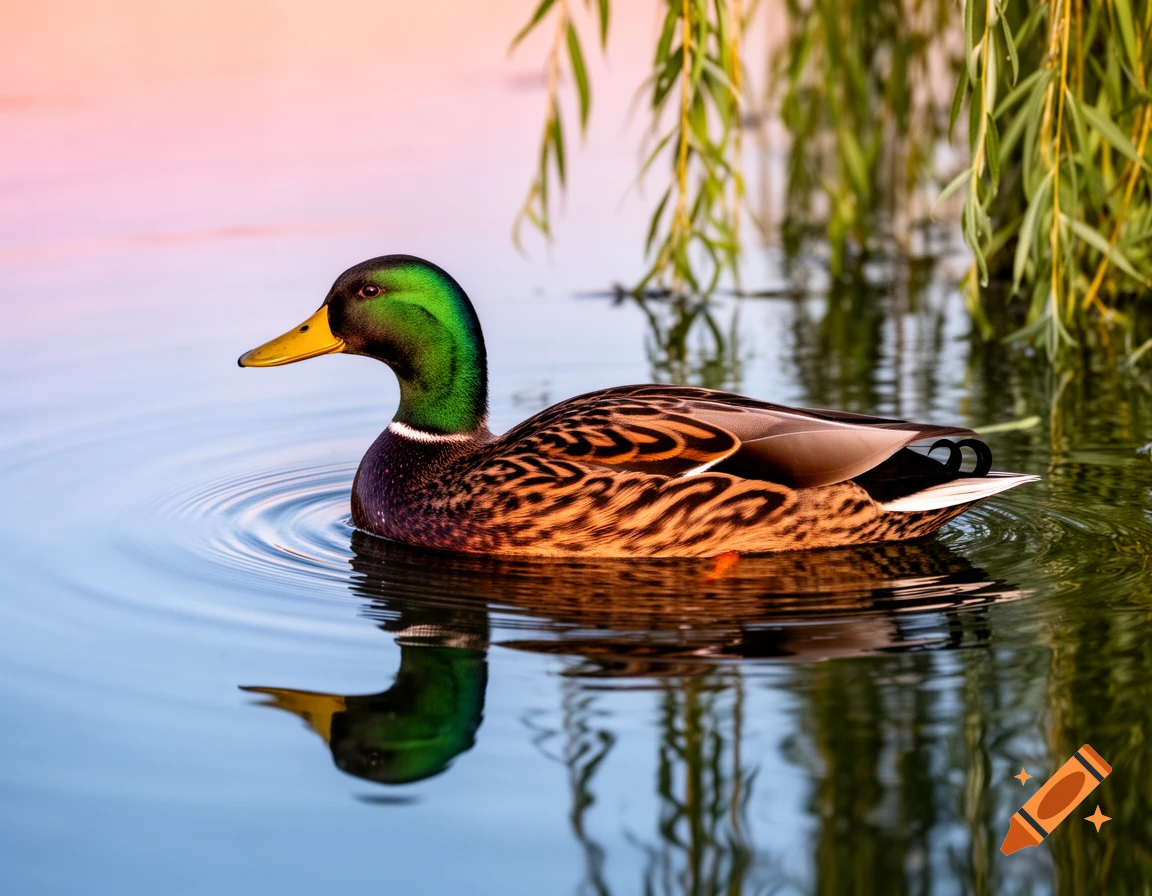 A vibrant male mallard duck with a green head floats on calm water with ripples, under weeping willow branches.