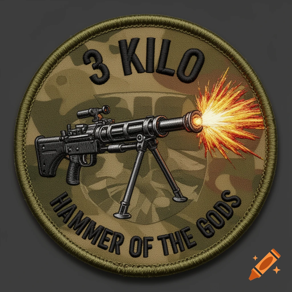 A round military patch with a camouflage background, featuring a black Carl Gustav Recoilless Rifle firing, with '3 KILO' at the top and 'HAMMER OF THE GODS' at the bottom.