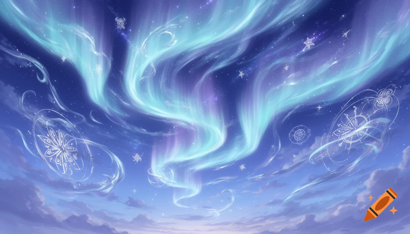 A vibrant anime-style night sky with swirling blue and purple aurora lights, glowing stars, and abstract white celestial patterns.