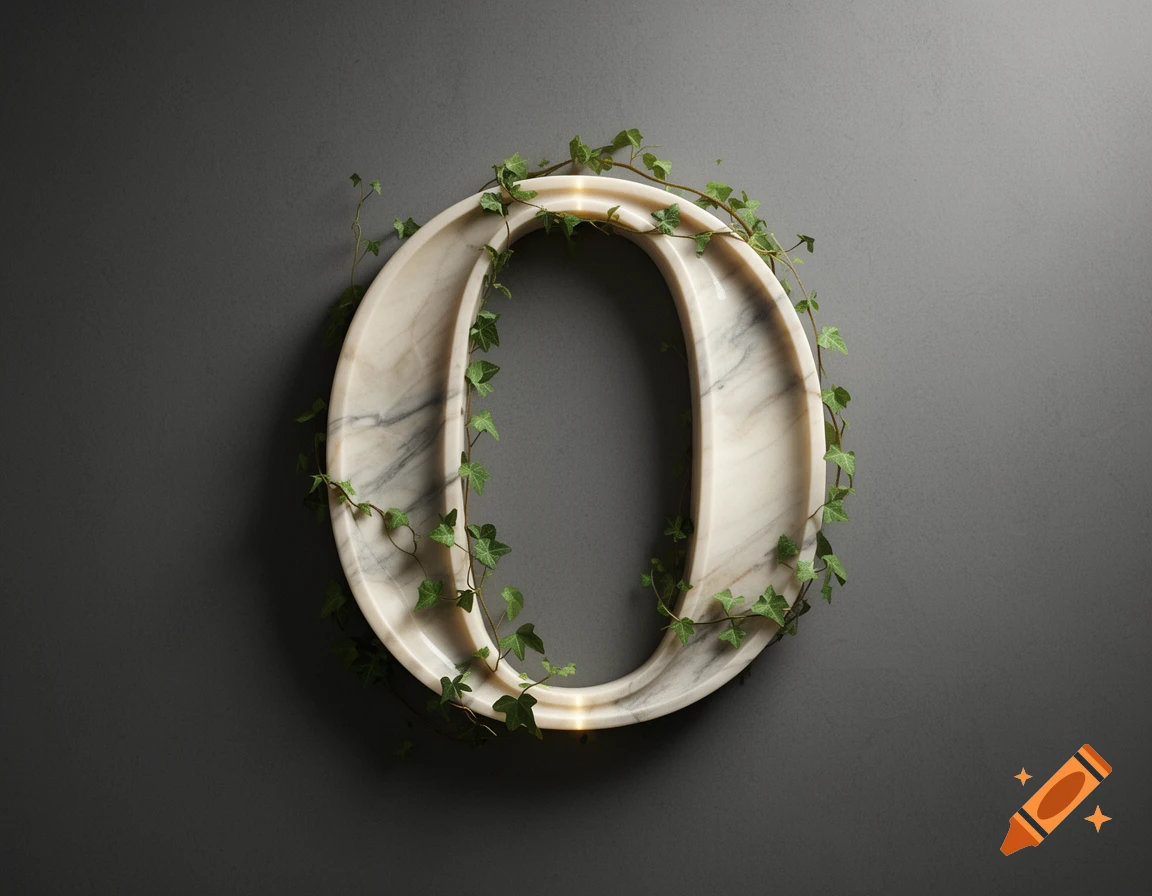 Photorealistic marble letter O, adorned with green ivy, set against a dark gray background.