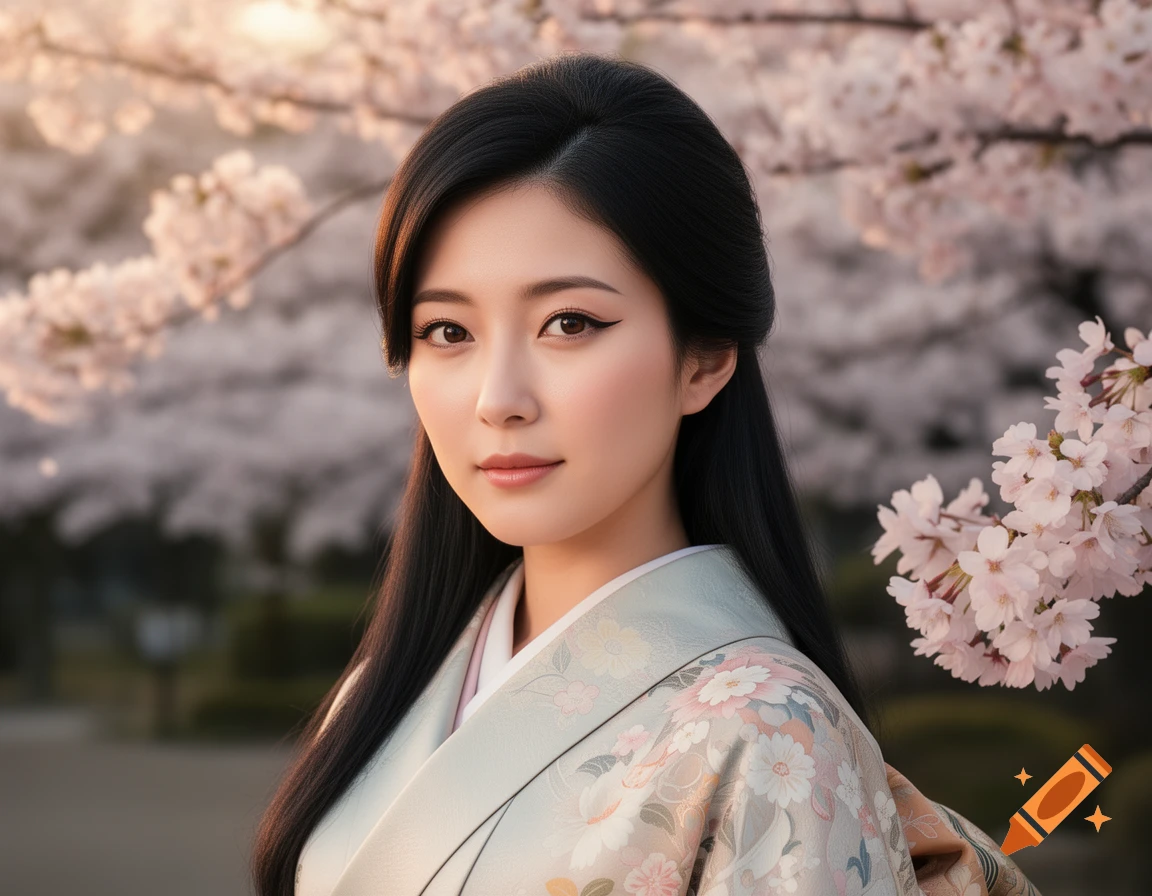 A photorealistic portrait of a young Japanese woman in a kimono against a background of soft pink cherry blossoms.