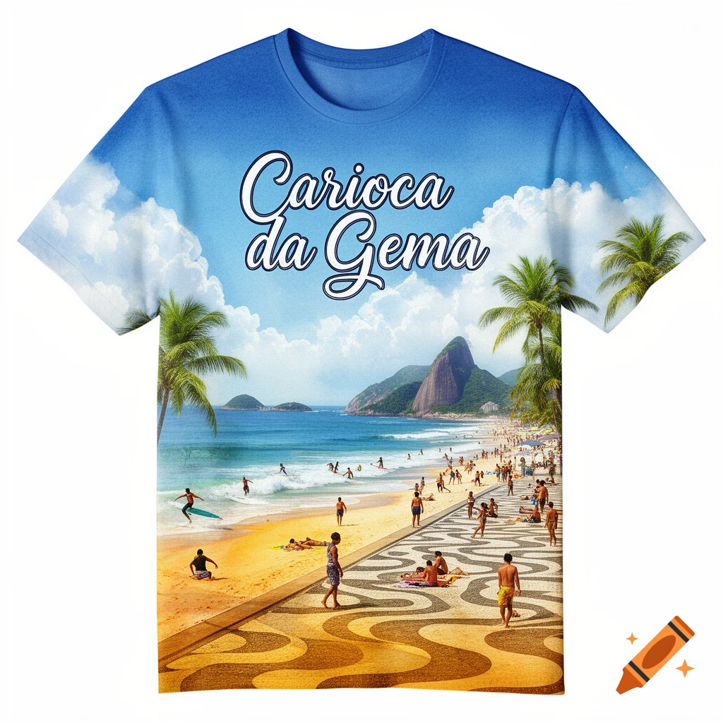 A blue T-shirt with a vibrant beach scene, palm trees, mountains, and 'Carioca da Gema' text.