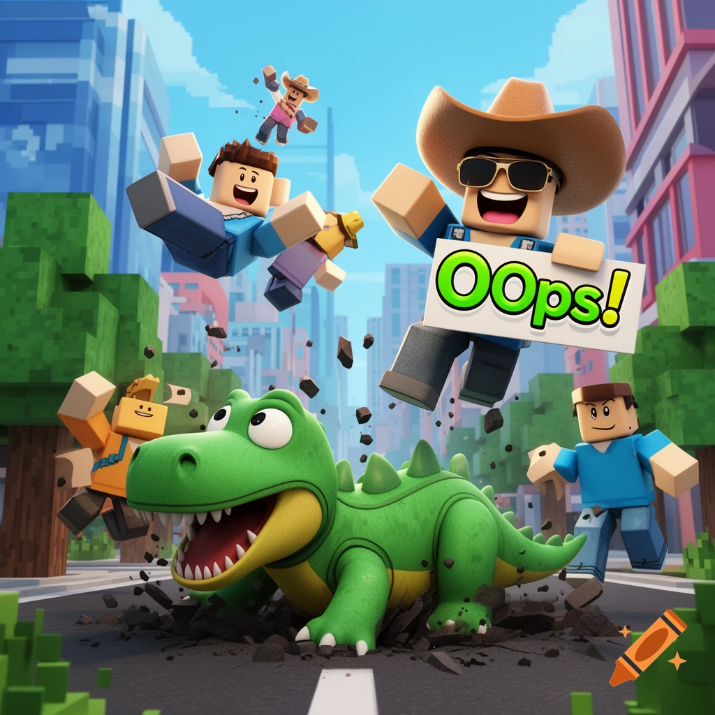 Cartoon Roblox-style characters react in chaos as a green dinosaur erupts from a city street, one holding an 'OOOps!' sign.