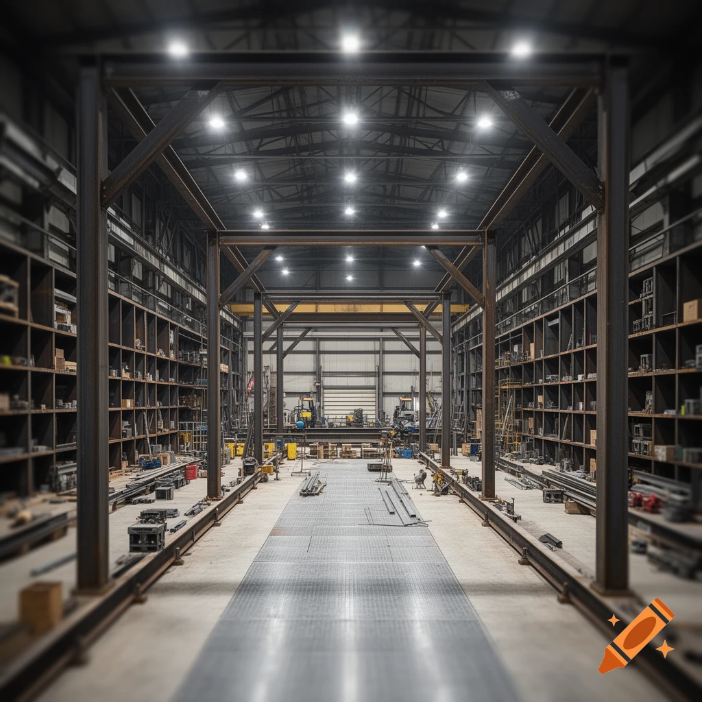 An empty, vast industrial assembly hall or warehouse with a large steel framework structure under bright overhead lights.