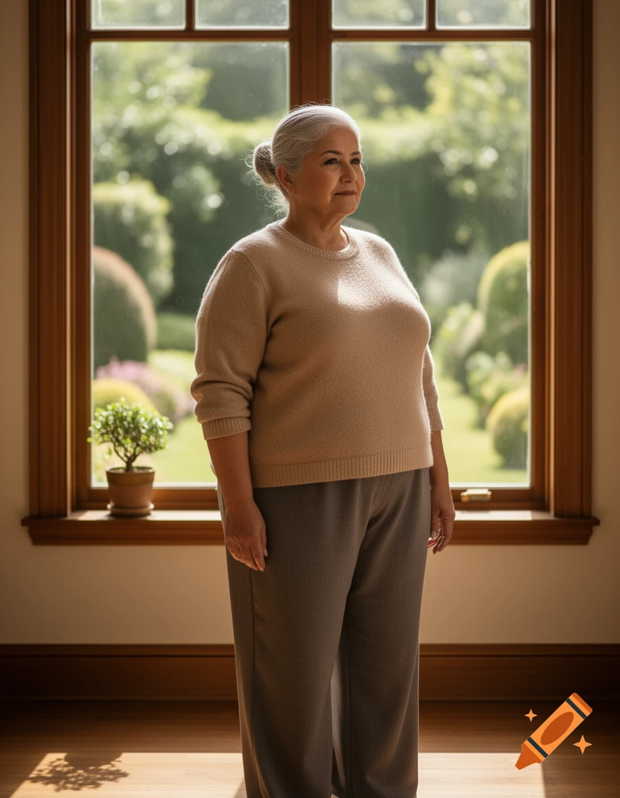 An older woman with grey hair in a bun stands looking out a large window to a green garden. Photorealistic.