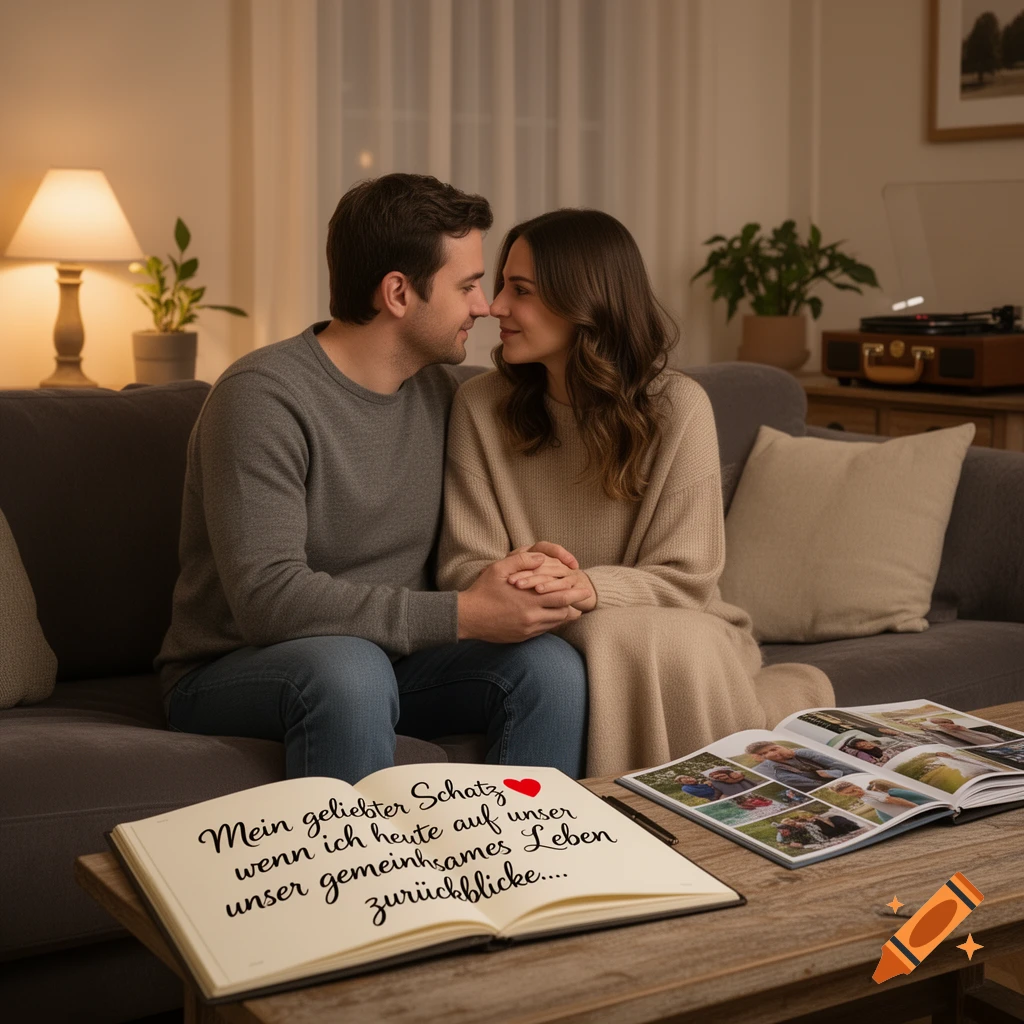 A photorealistic image of a couple sitting close on a couch, holding hands, and looking into each other's eyes. An open book with a German love letter and a photo album are on the coffee table in front of them in a warmly lit living room.
