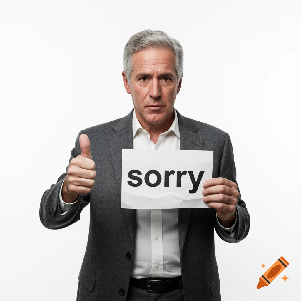 A serious-looking man in a suit holds a sign with 'sorry' and gives a thumbs up against a white background.