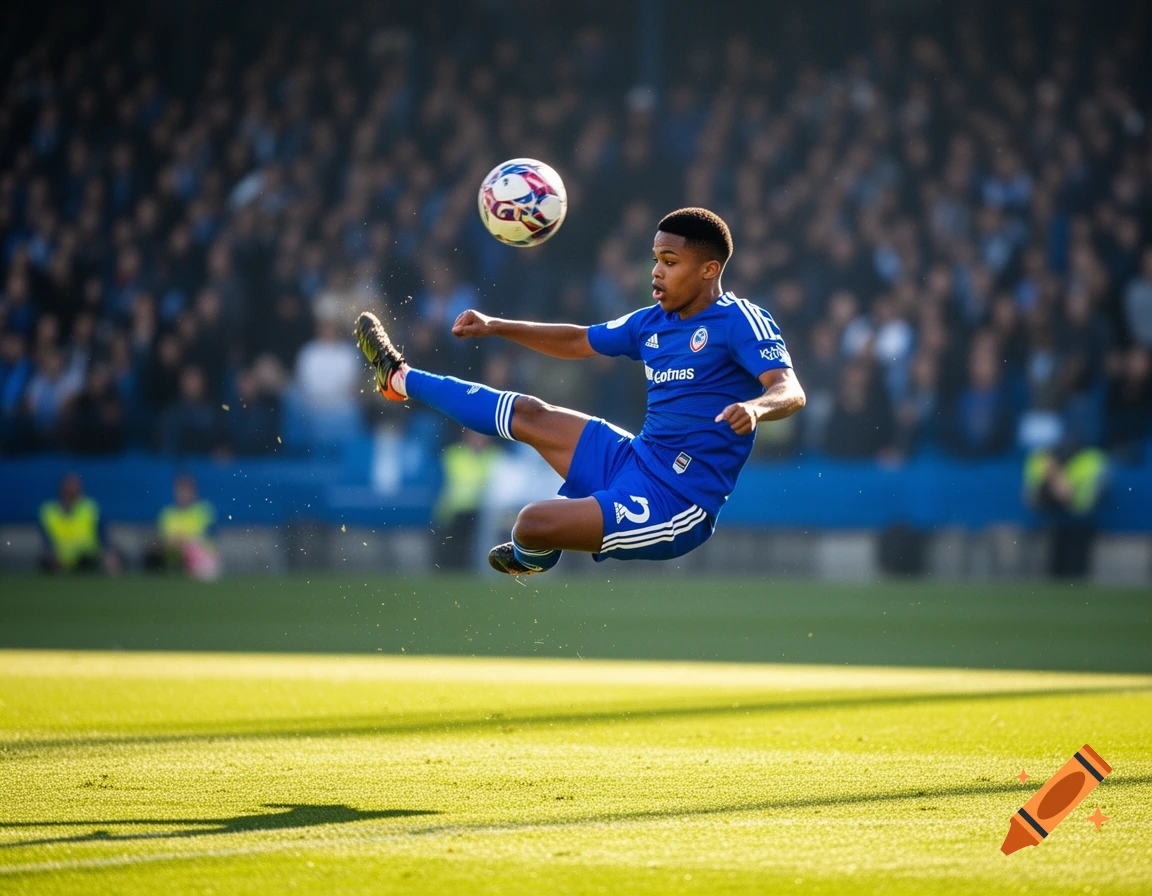 A young soccer player in a blue uniform performs a bicycle kick on a green field during a game, with a blurred crowd in the background.