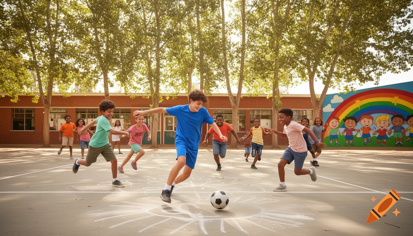 Children of diverse ethnicities happily play soccer on a sunny school playground with a vibrant rainbow mural.