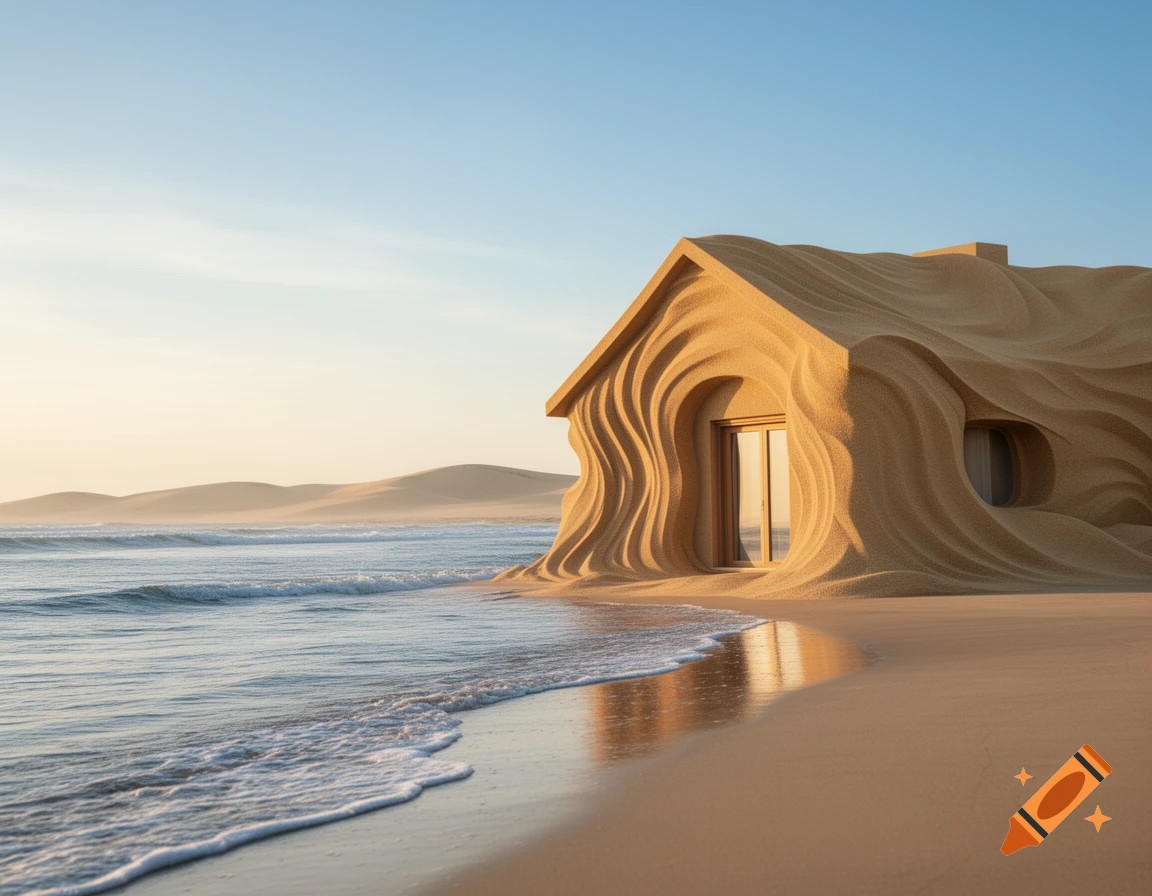 Photorealistic sand house with wavy textures on a beach, ocean waves, and dunes under a clear sky.