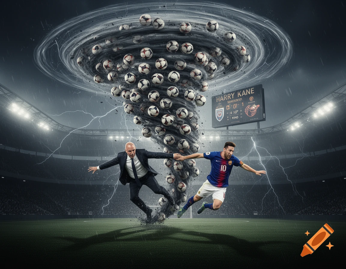 A dramatic scene: a soccer player and a man in a suit holding hands, caught in a tornado of soccer balls over a stadium.