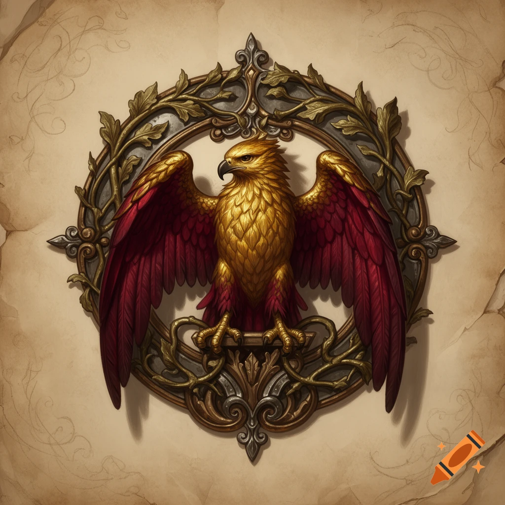 A golden eagle with red wings in an ornate medieval crest against a parchment background.