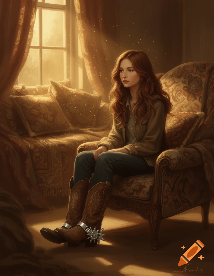 Digital painting of a young woman with long brown hair sitting thoughtfully in a patterned armchair, wearing cowboy boots with spurs, bathed in golden sunlight.