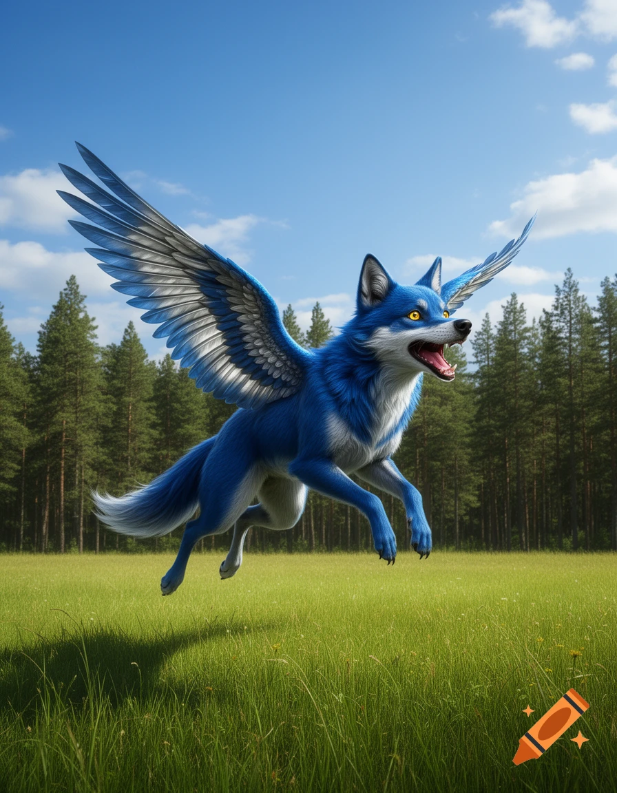 A blue winged wolf-like creature with yellow eyes leaps over a green grassy field with a forest and blue sky in the background.