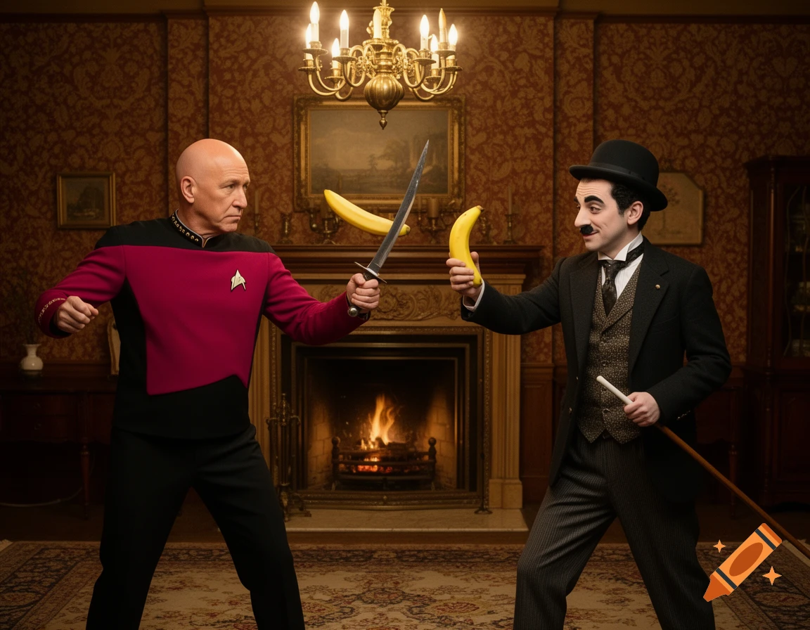 Jean-Luc Picard in a Starfleet uniform, holding a sword, confronts Charlie Chaplin with a banana and cane in an opulent room.
