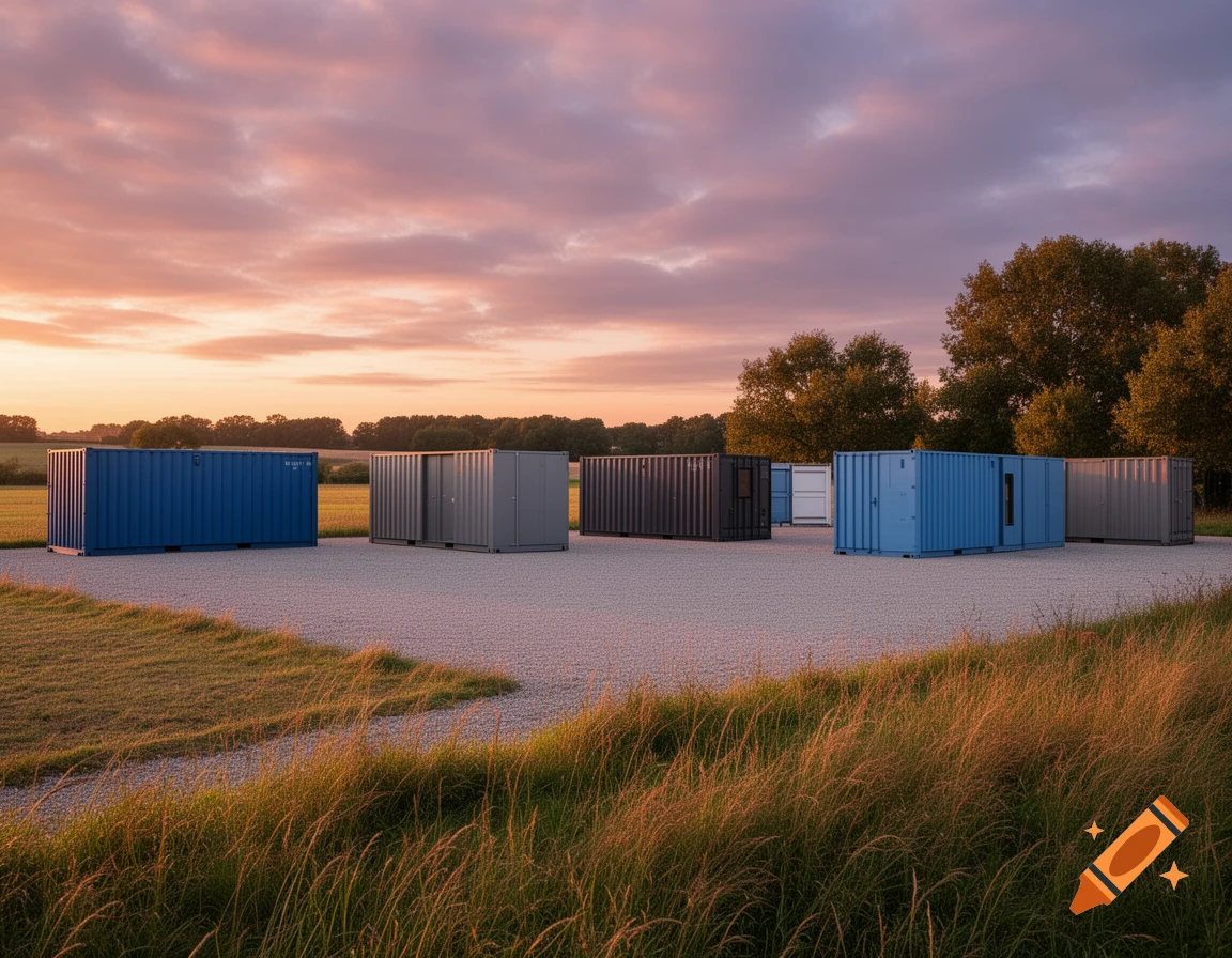 Photorealistic image of blue, gray, and black shipping containers on a gravel lot at sunset in a rural field.