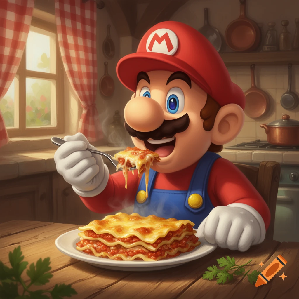 Cartoon Mario happily eating a steaming plate of lasagna in a rustic kitchen.