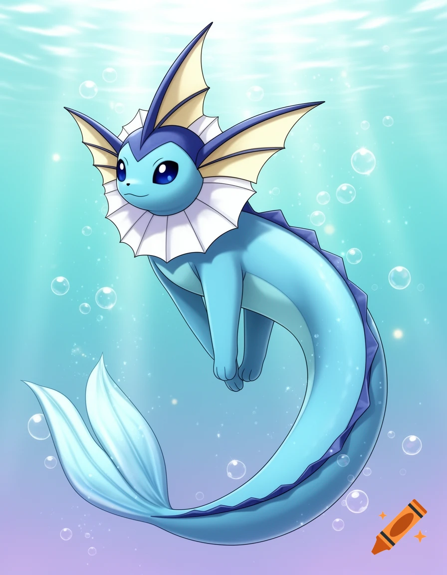 An anime illustration of Vaporeon, a blue aquatic Pokémon with fins and a mermaid-like tail, swimming underwater with bubbles.
