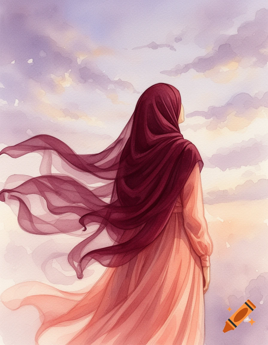 Watercolor painting of a veiled Muslim woman in a burgundy hijab and salmon dress, looking up at a cloudy sky as her garments flow.