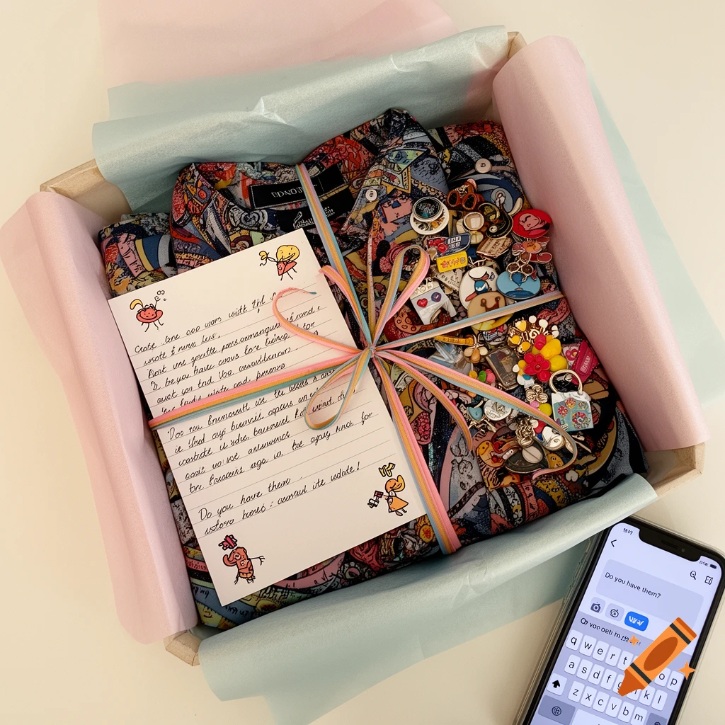An open mystery package with a colorful shirt, numerous decorative pins, and a handwritten note tied with a rainbow ribbon. A smartphone showing a text message is nearby.