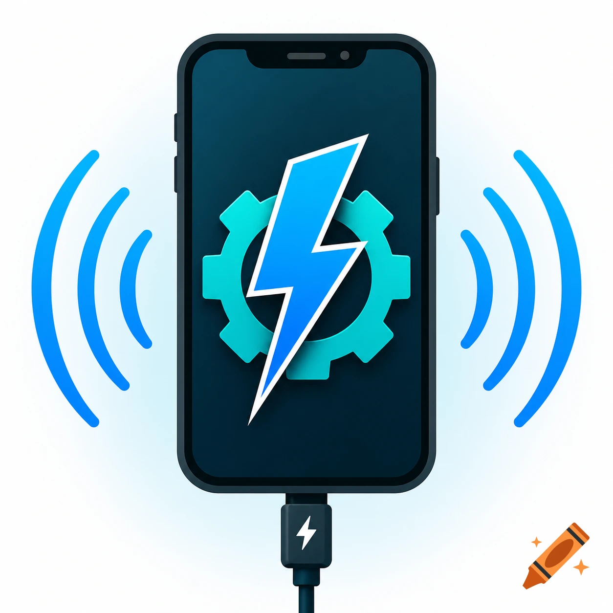 A dark smartphone icon showing a blue lightning bolt and gear on the screen, a charging cable plugged in, and blue signal waves.