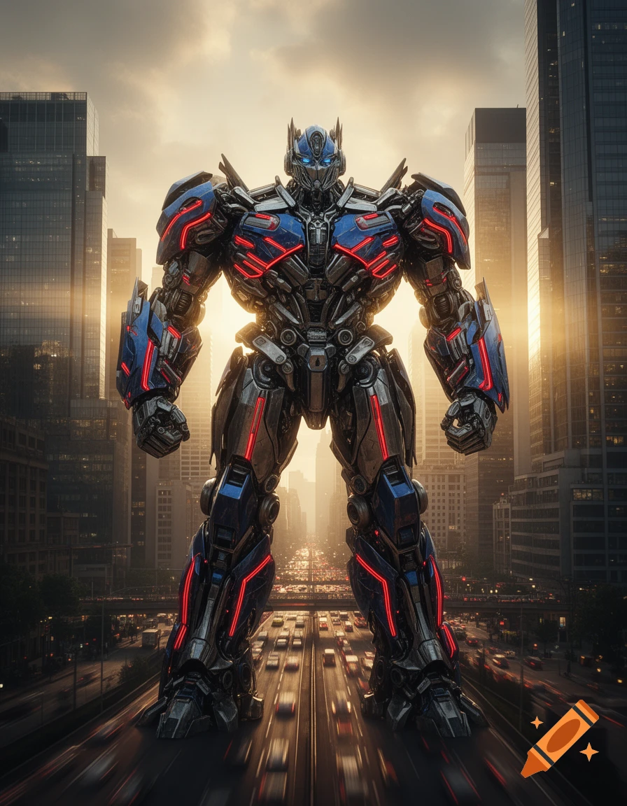 A large blue and red robot resembling Optimus Prime stands on a highway in a city at sunset.
