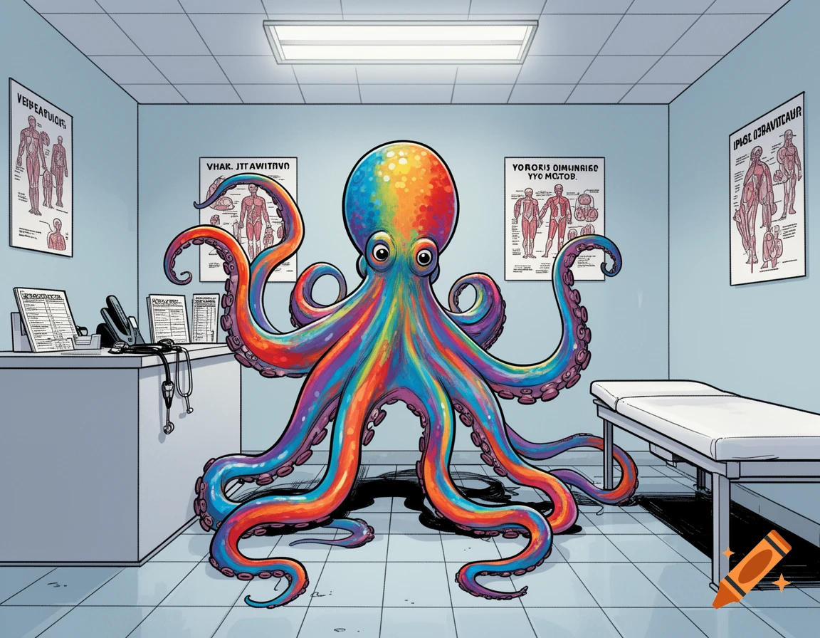 A vibrant rainbow-colored octopus stands in the middle of a doctor's examination room in a comic book style.