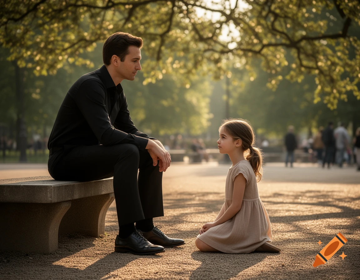 A man in black sits on a stone bench looking at a young girl in a dress kneeling on the ground in a sunny park.