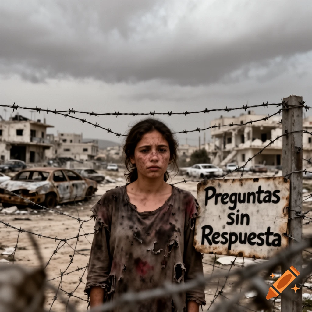 A dirty, somber girl in tattered clothes behind barbed wire in a war-torn city with a sign saying "Questions without Answer".