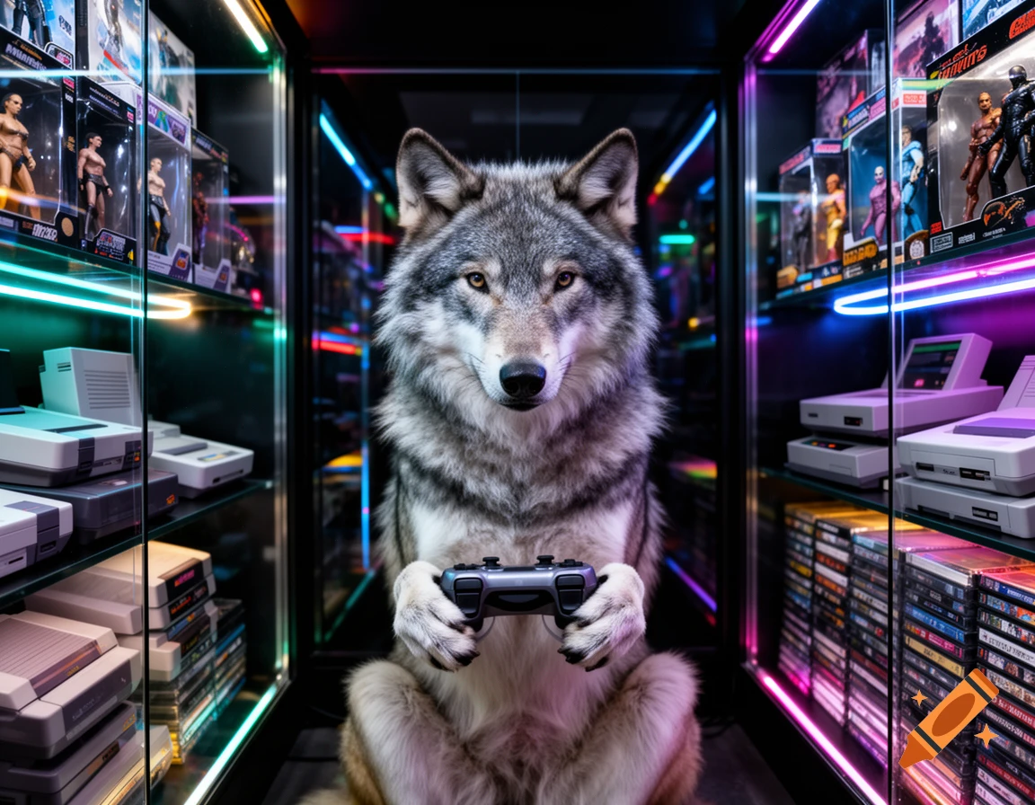 A photorealistic wolf sits holding a video game controller in a neon-lit room filled with gaming consoles and action figures.