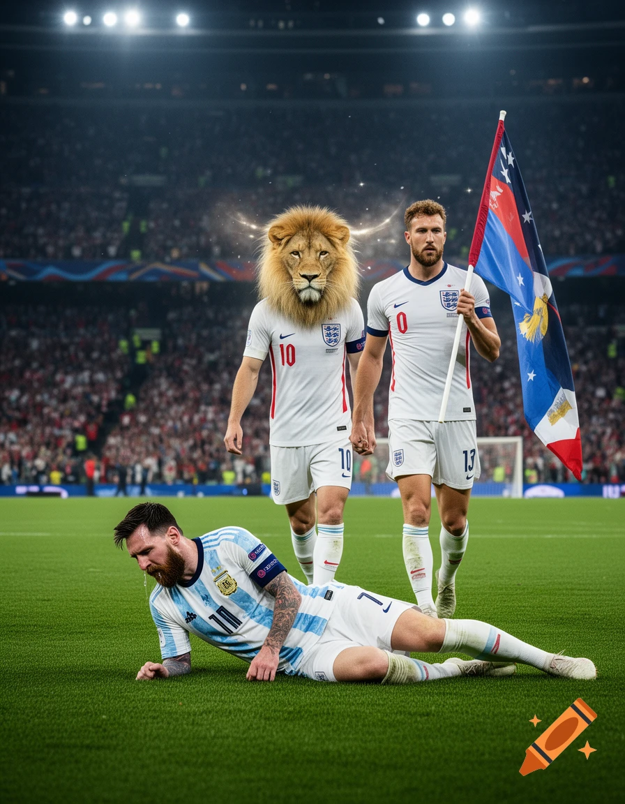Lionel Messi lies on a football pitch in an Argentina kit, appearing to cry. Two England players, one with a lion's head and another resembling Harry Kane, stand over him, both in England kits. Harry Kane holds a Falkland Islands flag. The scene is set in a large stadium at night.