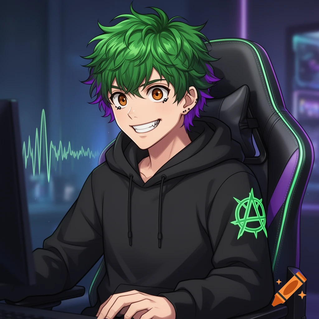 A grinning anime boy with green and purple hair, brown eyes, and snake bite piercings, wears a black hoodie with an anarchy symbol, sitting in a gaming chair at a computer.