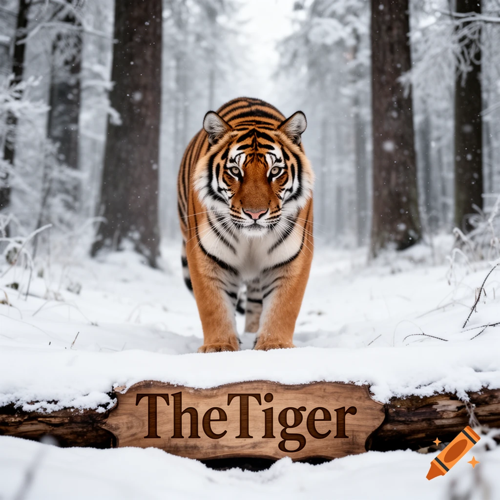 A photorealistic tiger walks towards the viewer in a snowy forest, with a snow-covered log displaying "TheTiger" text in the foreground.