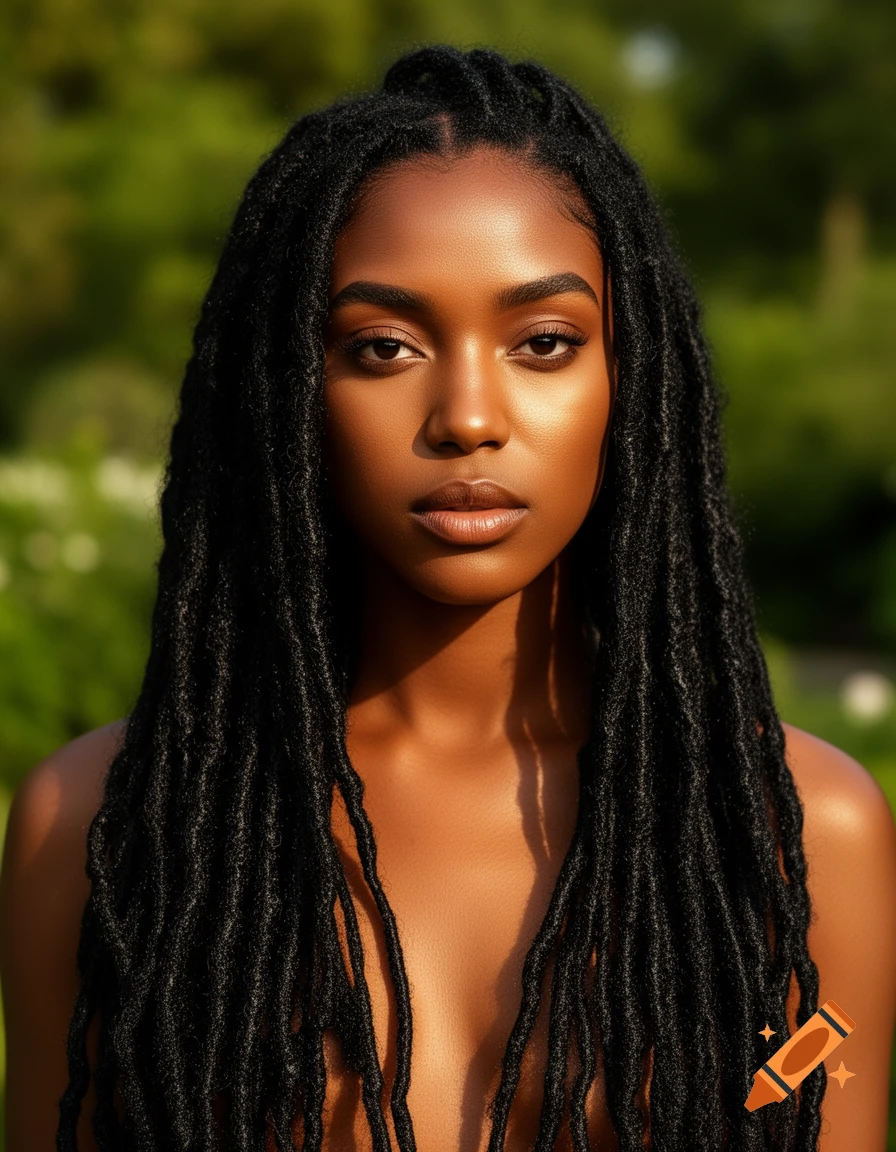 Close-up photorealistic portrait of a young Black woman with long dreadlocks, looking straight ahead, against a blurred green background.