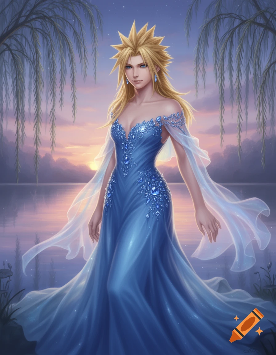 A male character with spiky blonde hair and blue eyes wears an ornate blue gown with flowing sheer fabric, standing by a lake at sunset.