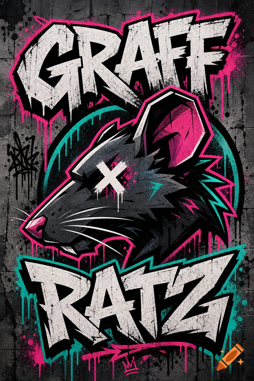Graffiti logo of a black rat head with an X over its eye, outlined in pink and teal, on a concrete wall. Text reads 'GRAFF RATZ'.