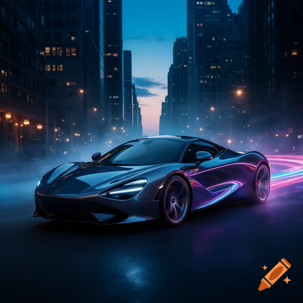 A sleek, dark gray sports car with neon blue and pink light trails speeding through a futuristic city at night.