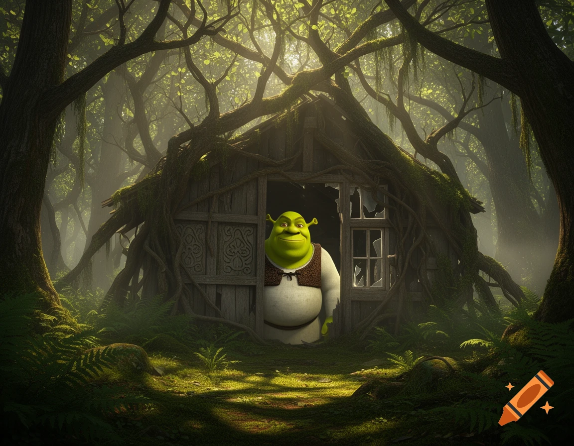 Shrek peeking from an overgrown wooden shack in a misty, sunlit forest, photorealistic style.