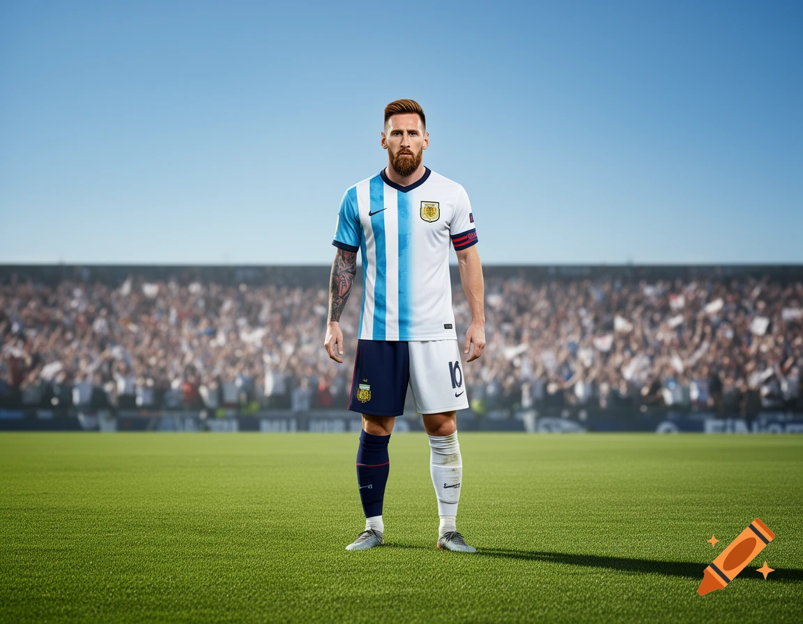 A man resembling Lionel Messi, with a beard and tattoos, stands on a soccer field in a half-striped, half-white Argentina-style jersey and matching shorts, with a stadium crowd in the background.
