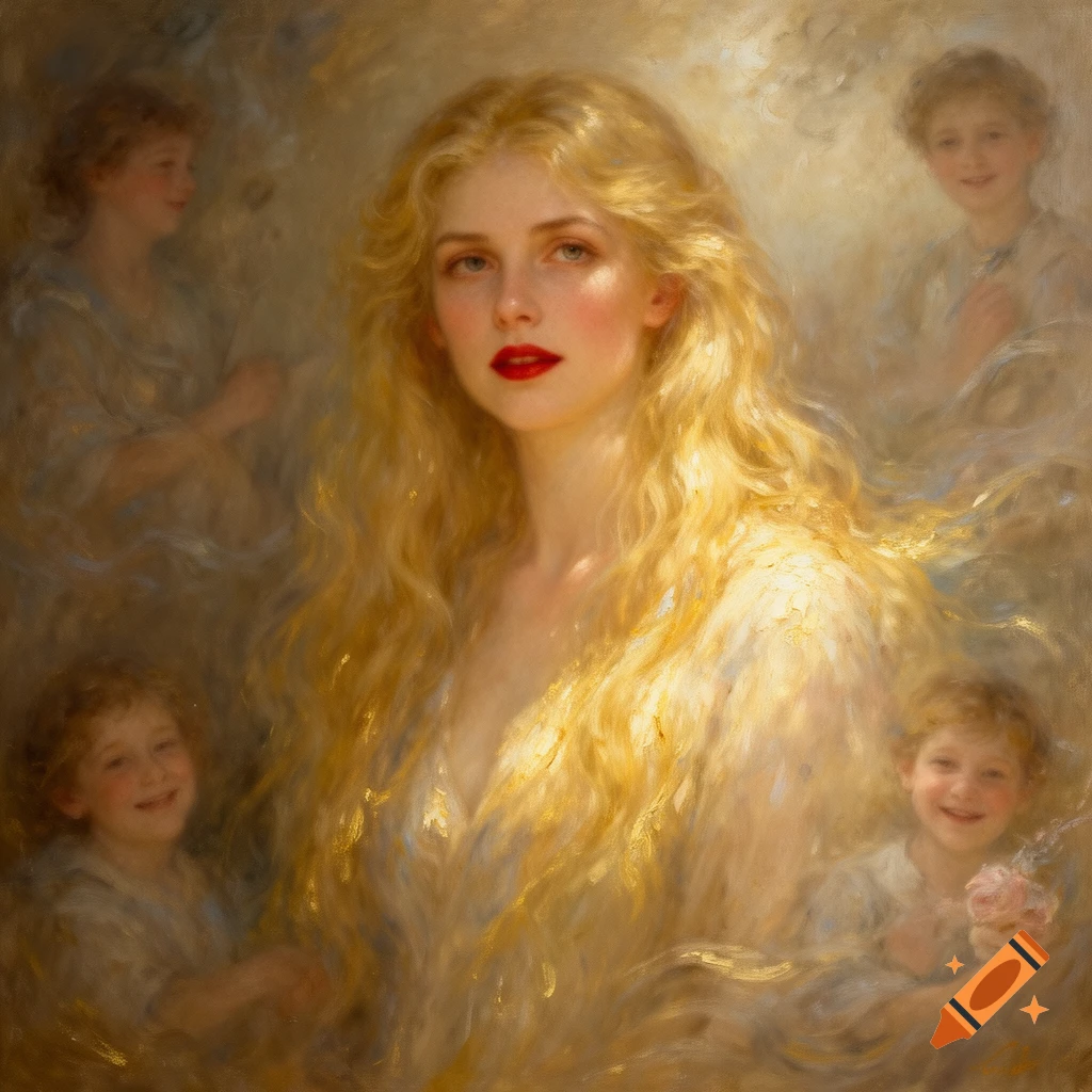 A soft, impressionistic painting of a blonde woman with red lips surrounded by the faint, dreamlike figures of four children.