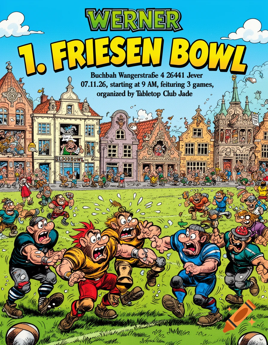 Cartoon flyer for the '1. Friesen Bowl' tournament, featuring muscular, exaggerated characters playing American football in a comic style reminiscent of Werner, with a row of old European houses in the background.
