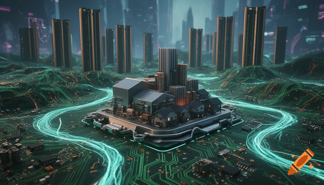 Futuristic cyberpunk city built on a computer motherboard, with glowing circuit rivers, industrial buildings, houses, and skyscraper RAM slots.