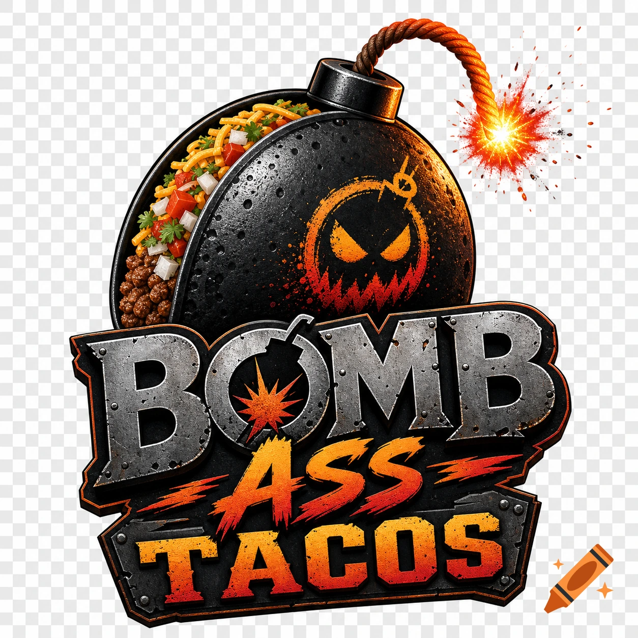 Logo for 'Bomb Ass Tacos' featuring a stylized bomb shaped like a taco, filled with ingredients, with a lit fuse and exploding spark, on a transparent background.