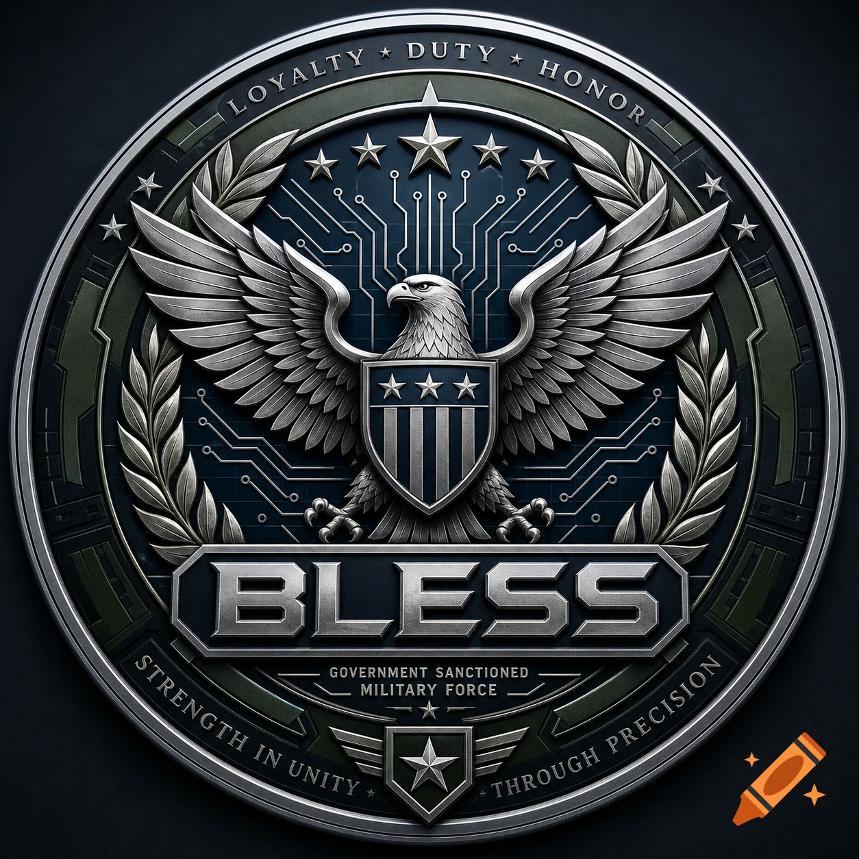 A detailed metallic military emblem with an eagle holding a shield, stars, laurel branches, and the word 'BLESS' within a circuit pattern.