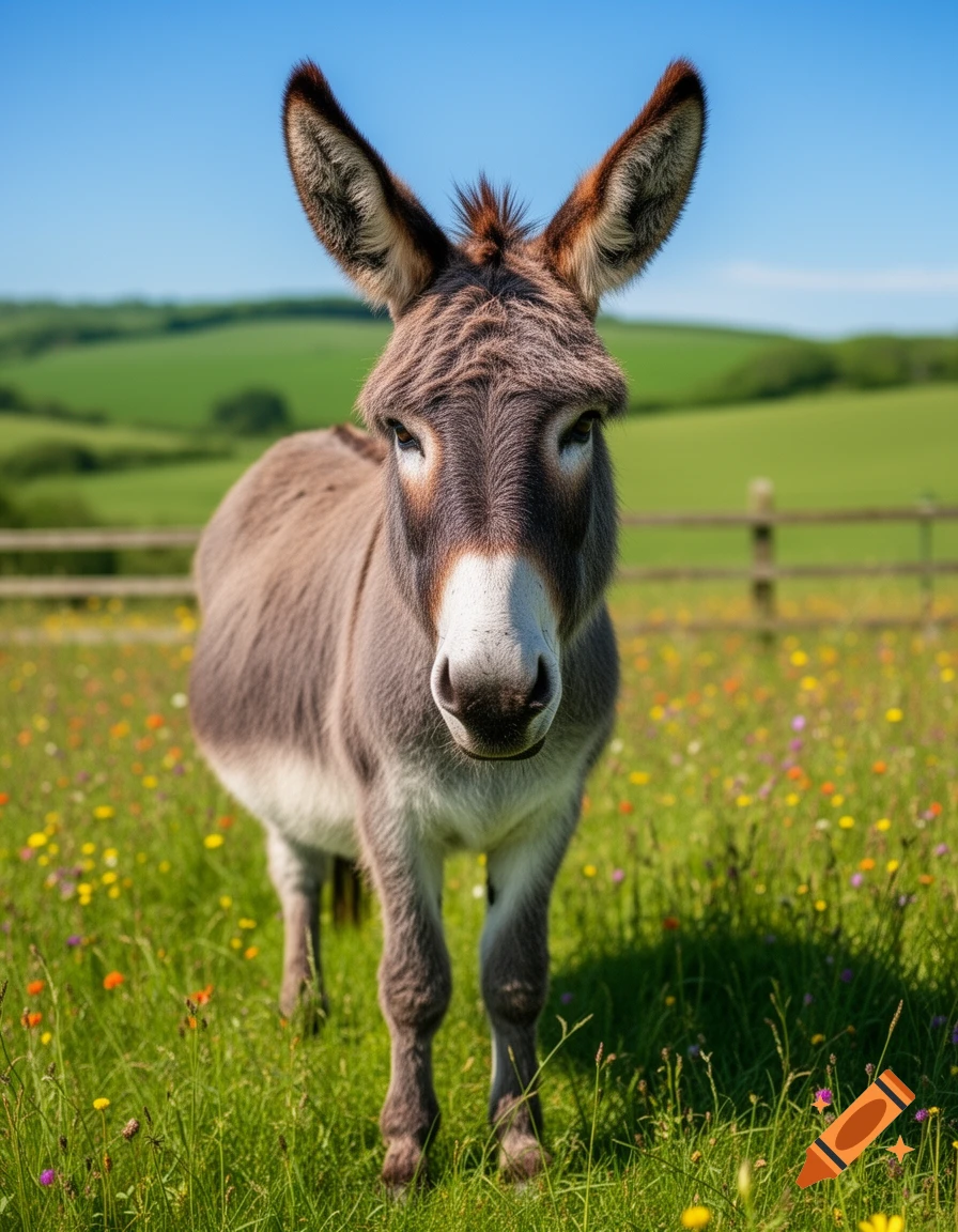 A close-up, photorealistic shot of a brown and white donkey standing in a vibrant green meadow filled with wildflowers under a clear blue sky.