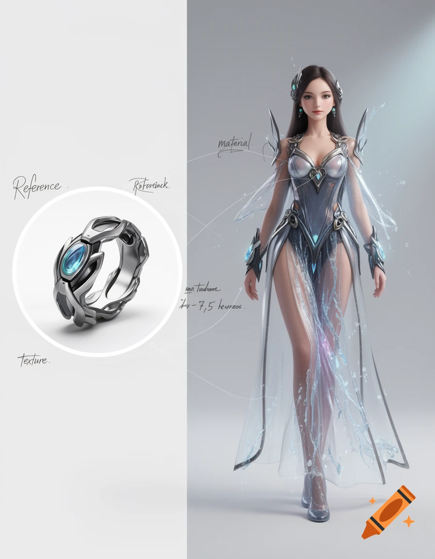 A concept art image featuring a silver ring with a blue gem on the left, and an anime-style female character on the right, dressed in a matching silver and sheer blue outfit. The character wears a bustier-style top, arm guards, and a flowing, water-like skirt, embodying the ring's design. The background is a clean light gray.