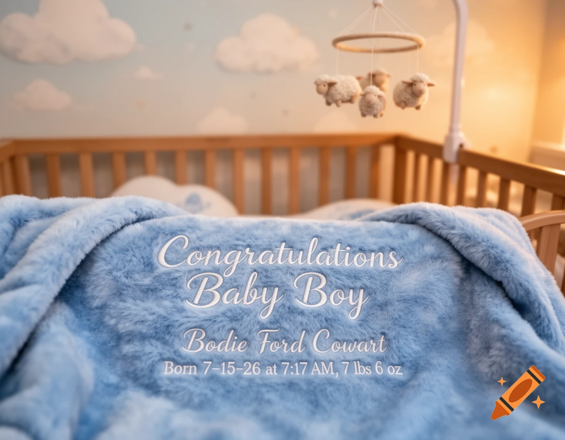 A close-up of a blue fuzzy blanket with white embroidered text, draped over a wooden baby crib with a mobile and cloud-patterned wallpaper.