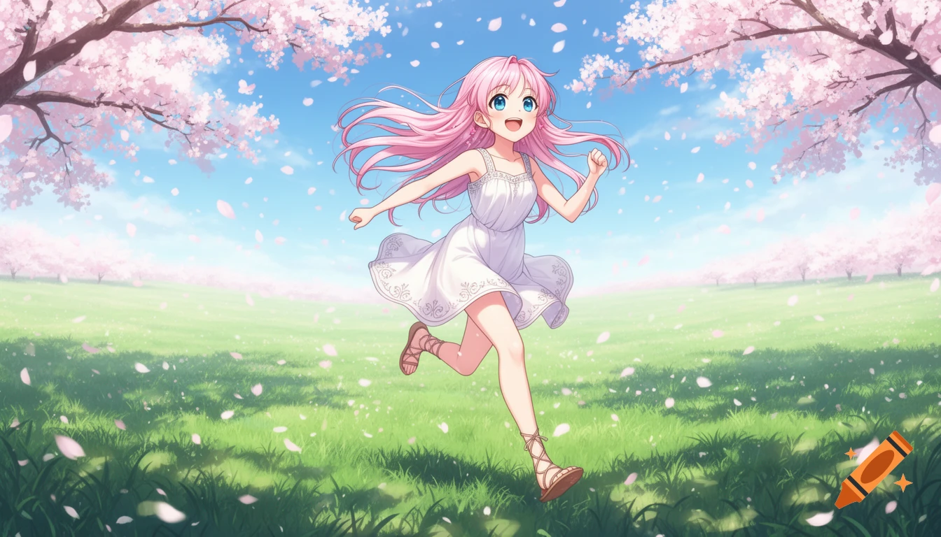 An anime girl with pink hair and blue eyes, wearing a white dress, runs happily through a field filled with falling pink cherry blossom petals.