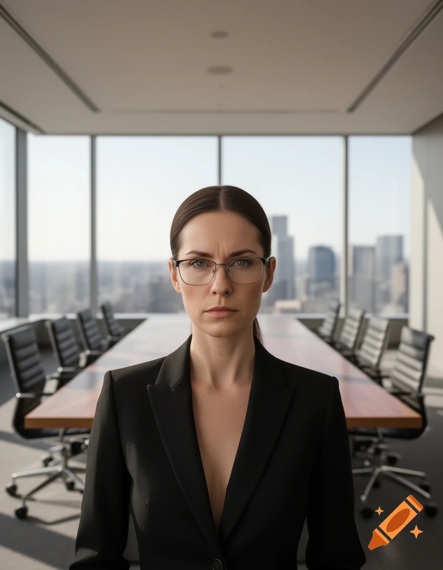 Stern business woman in a black suit and glasses, standing in a modern boardroom with a city view.
