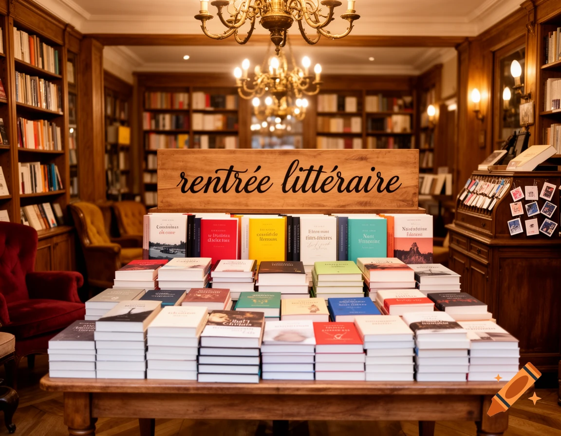 A cozy, vintage bookstore with a large display of new books on a wooden table, under a sign reading "rentr es litt raire".